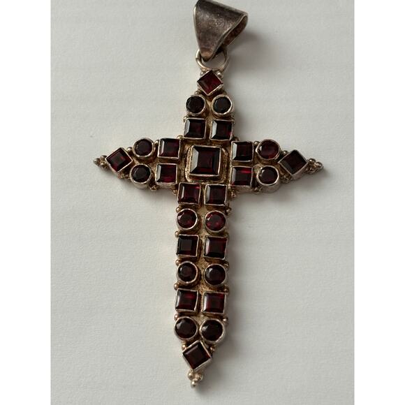 Huge Sterling Silver & Garnets Cross 3" Statement Pendant Tested Whimsigoth - Picture 1 of 4
